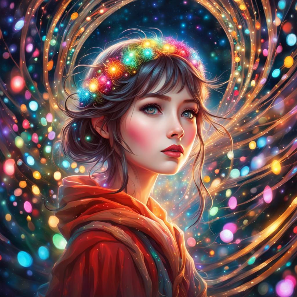 Magical Christmas Lights Surround Wide-Eyed Girl