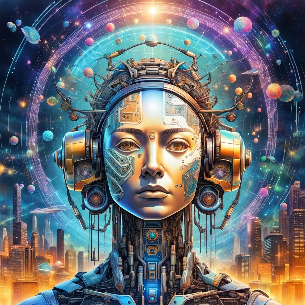 Futuristic Cyborg Merges with Megalopolis in Cosmic Art