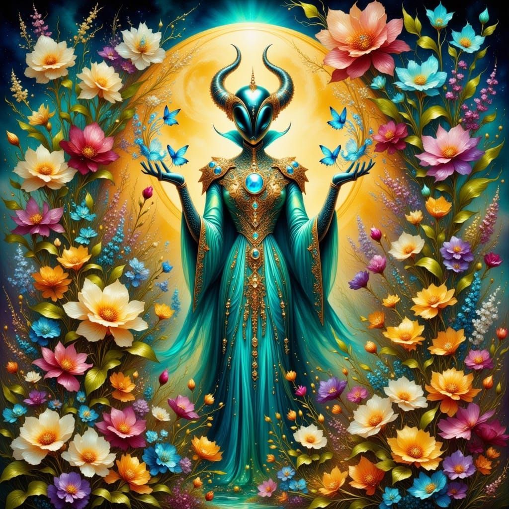 Majestic Robot Amidst Blooming Lunar Landscape