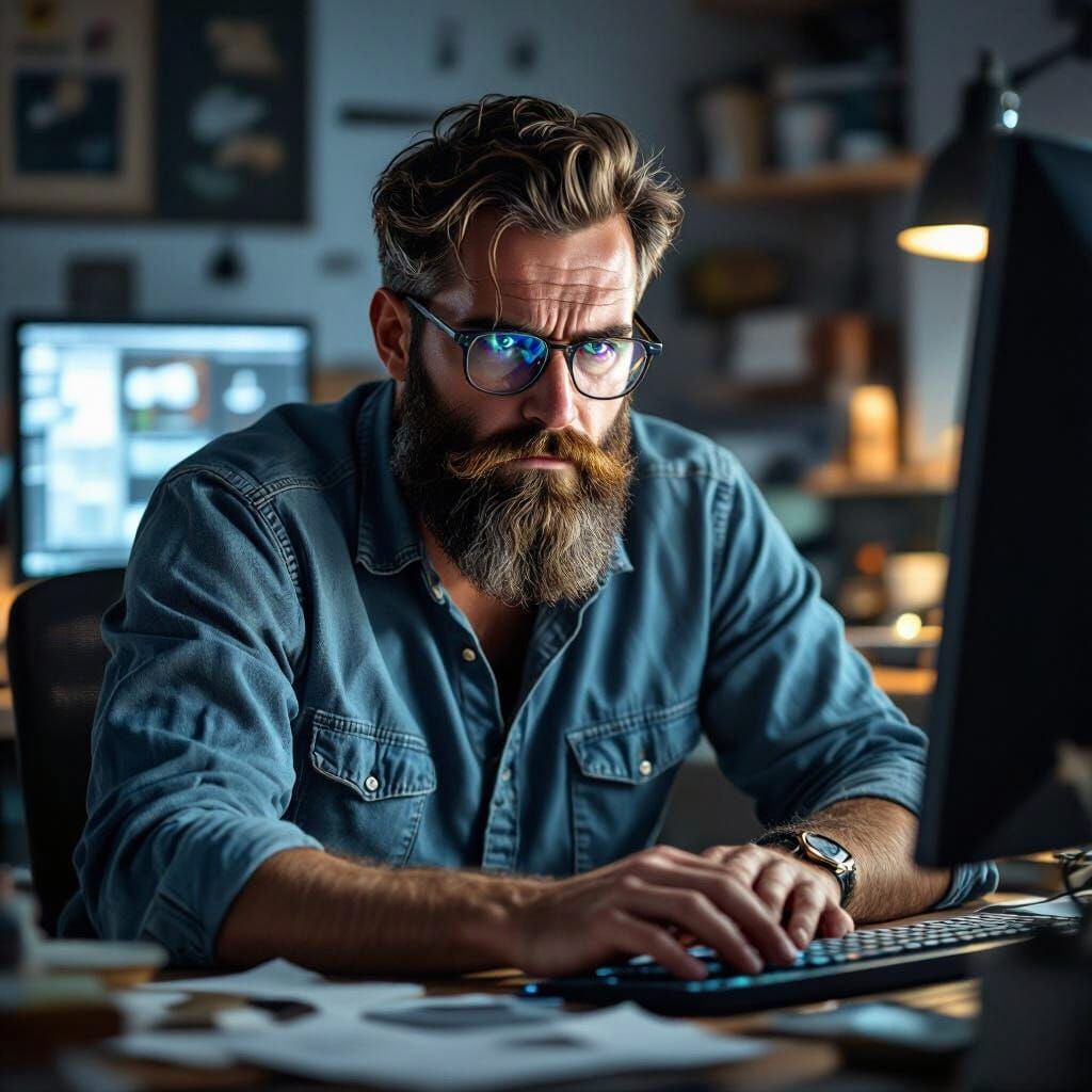 Focused Bearded Man in Dimly Lit Office