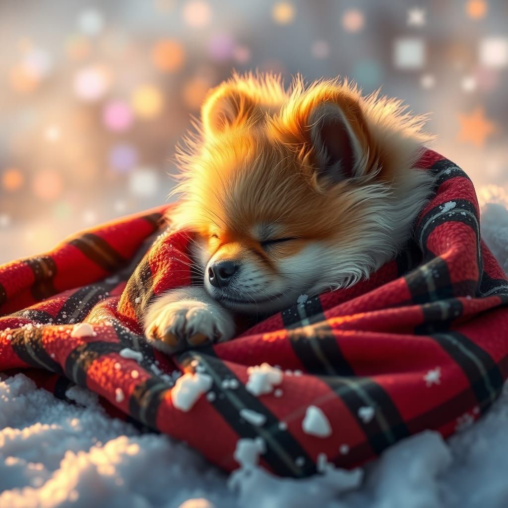 Pomeranian Puppy Dreams in Winter Wonderland: Hyperrealistic