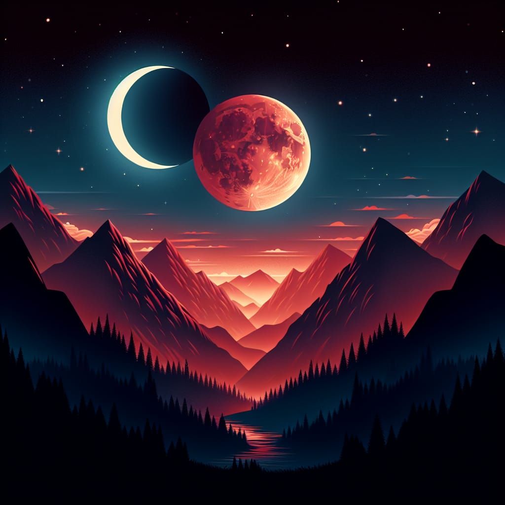 Enchanting Nightscape with Red and Blue Moons