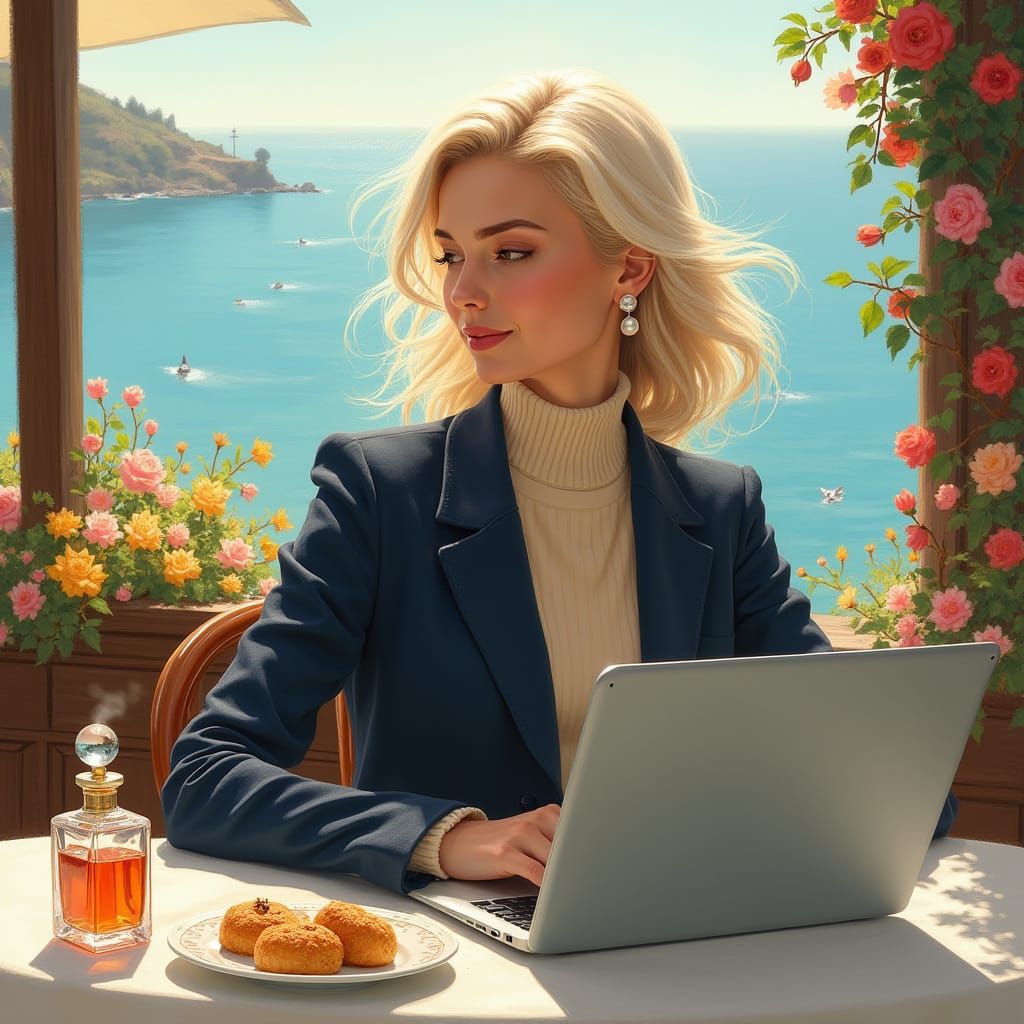 Serene Seaside Businesswoman in Impressionist Style