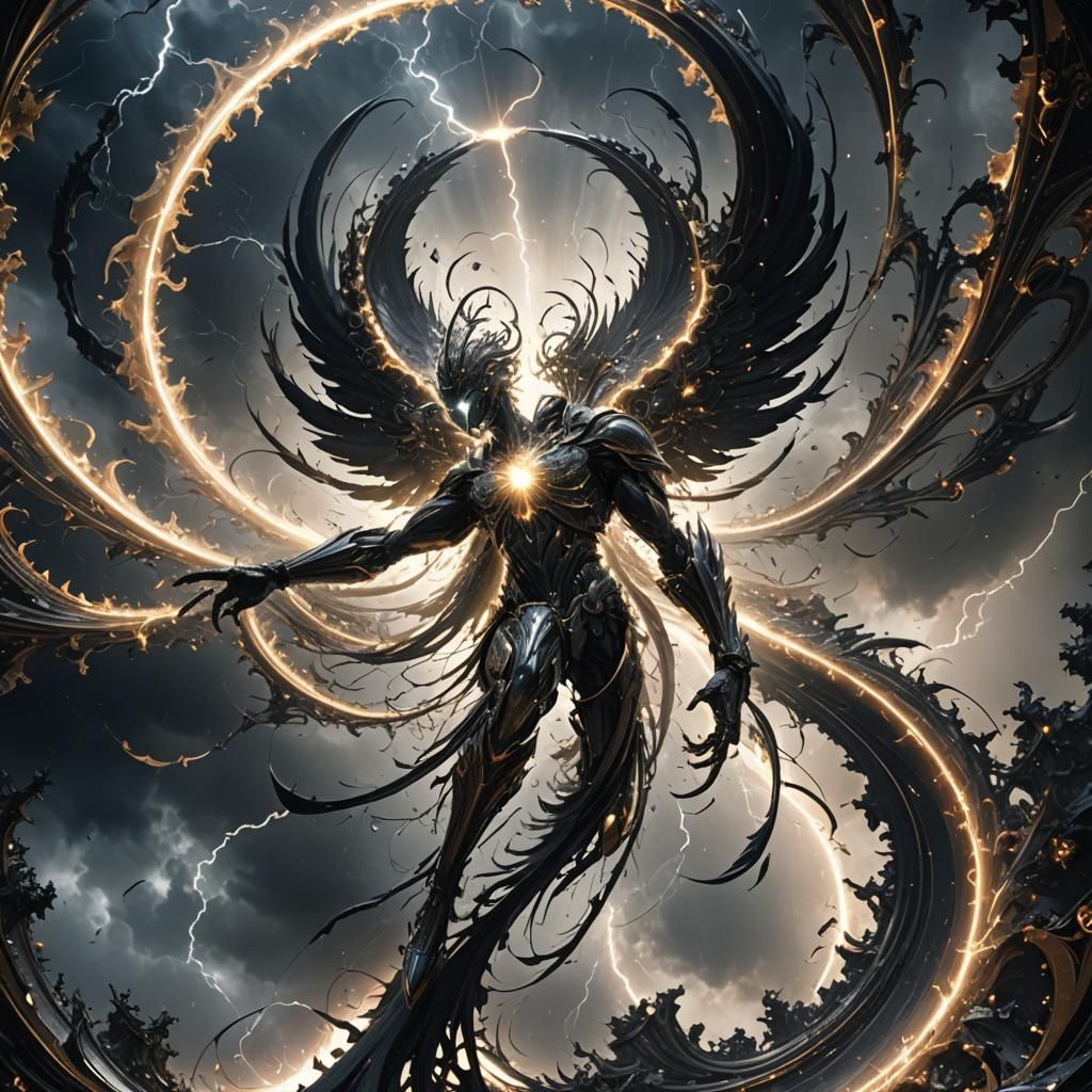 Archangel in Flight with Liquid Silver and Obsidian