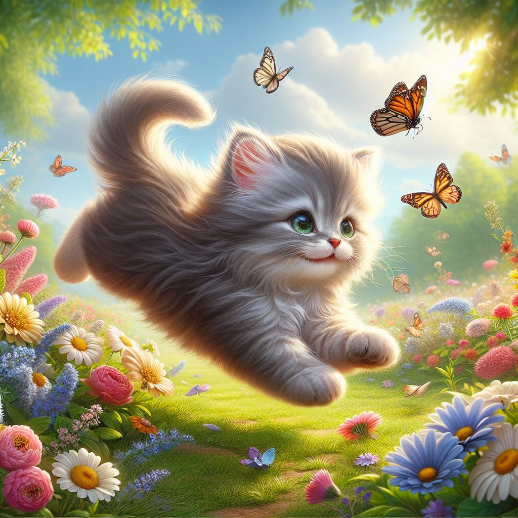 Whimsical Grey Kitten Chases Butterflies in Dreamlike Meadow