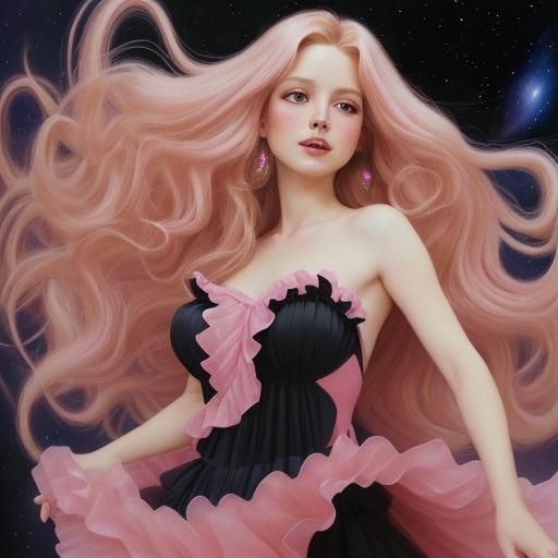 Beautiful woman pink and black long wavy blonde hair wearing soft feminine chiffon dress with frill dancing in cosmic ba...