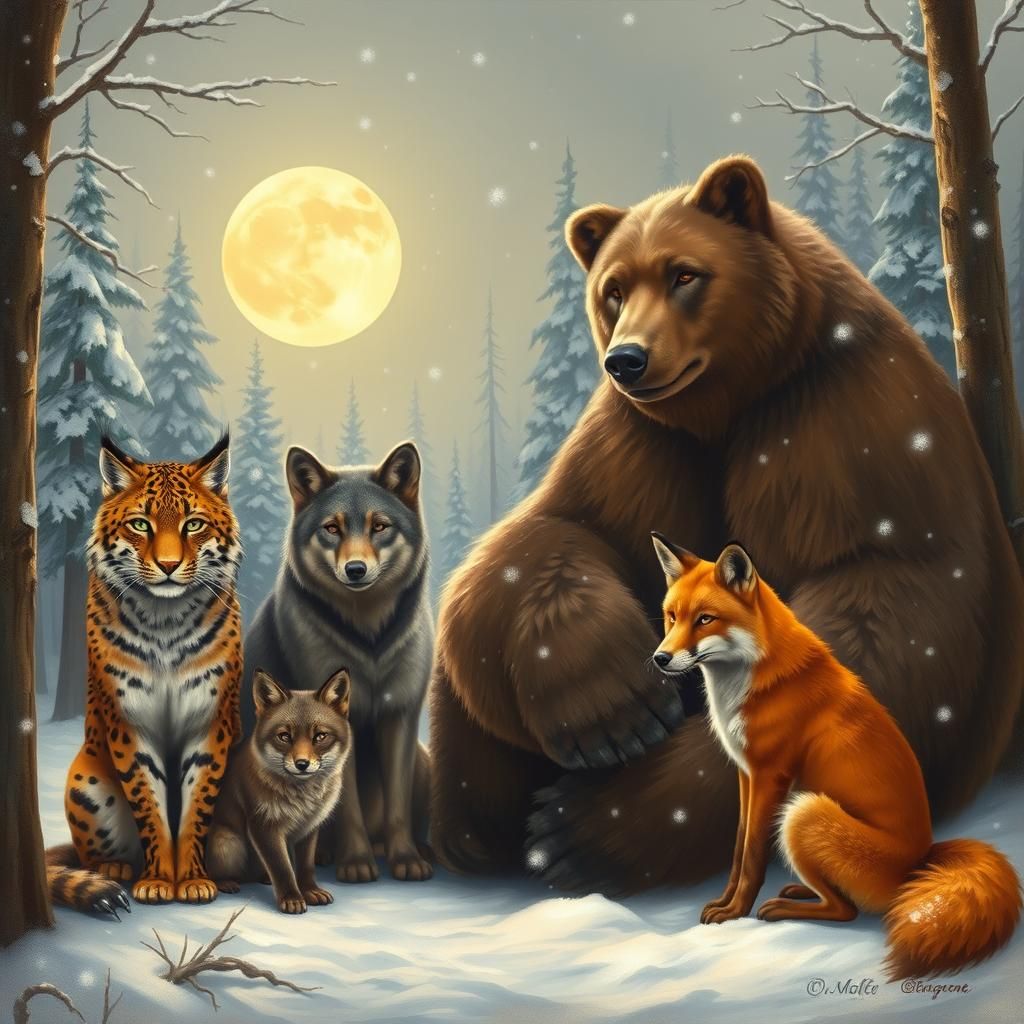 Moonlit Winter Scene with Animals in Harmony