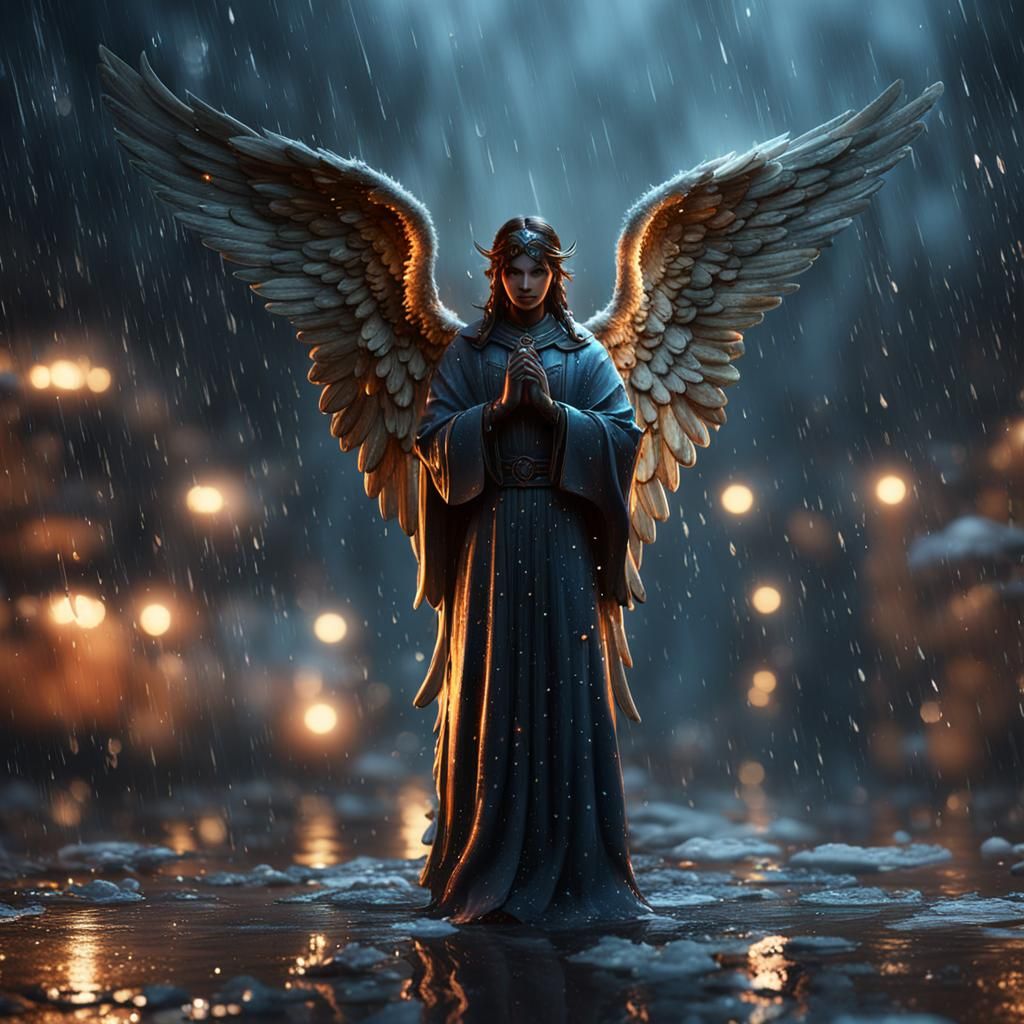 Guardian Angel in Rain: Realistic 8K Rendering