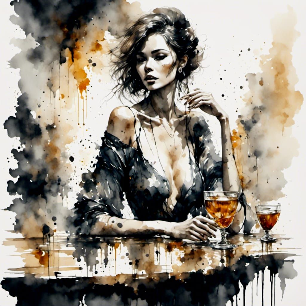 Elegant Woman at Bar: Minimalist Watercolor Art