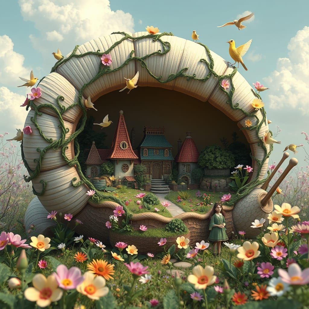 Surreal Village within a Giant Snail Shell Blooms with Vibra...