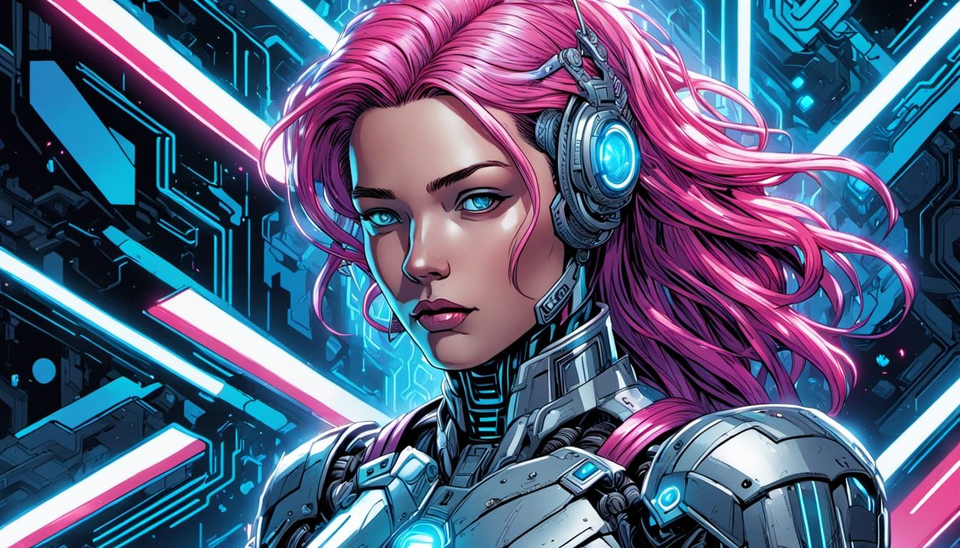 Half-Human Cyborg Woman in Comic Book Style