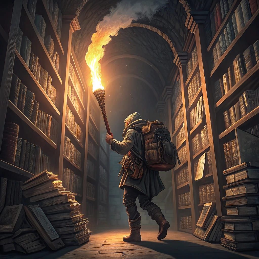 Brave Adventurer Discovers Ancient Library in Dramatic Torch...