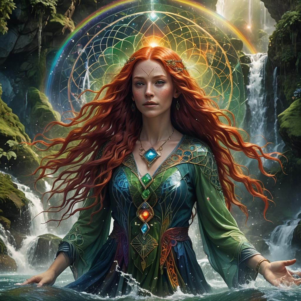 Rainbow Aura Woman in Lush Waterfall, Digital Art