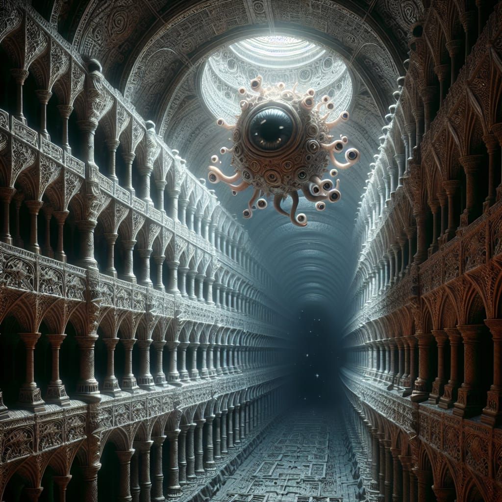 Detailed 8k Image of a Beholder in Dungeon