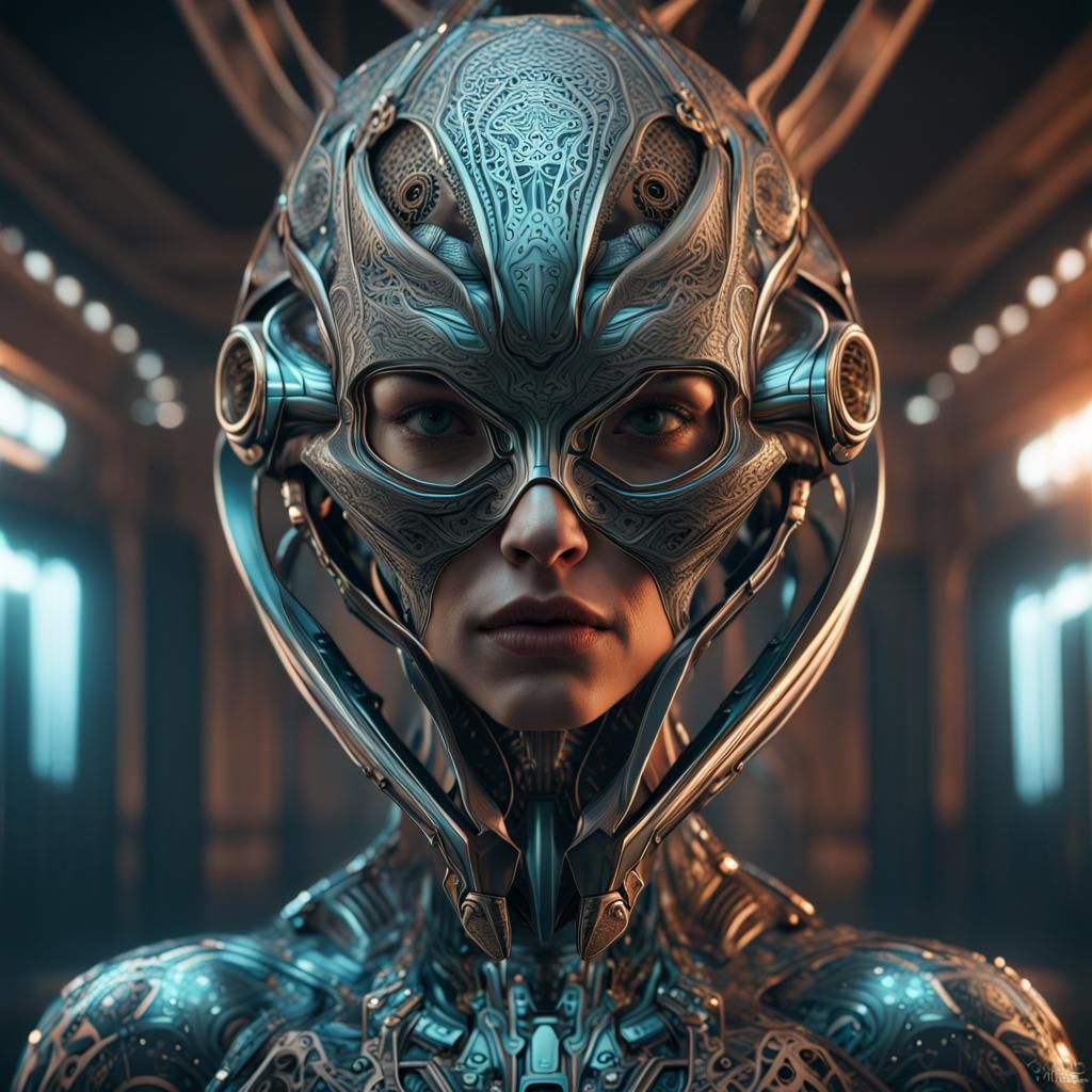 Detailed Female Alien with Futuristic Mask, Scifi Art