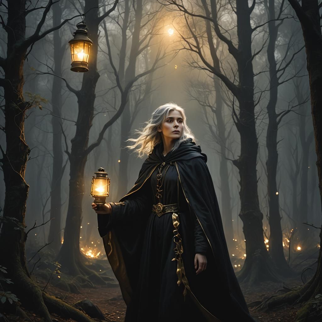 Girl with Lantern in Misty Forest: Oil Painting
