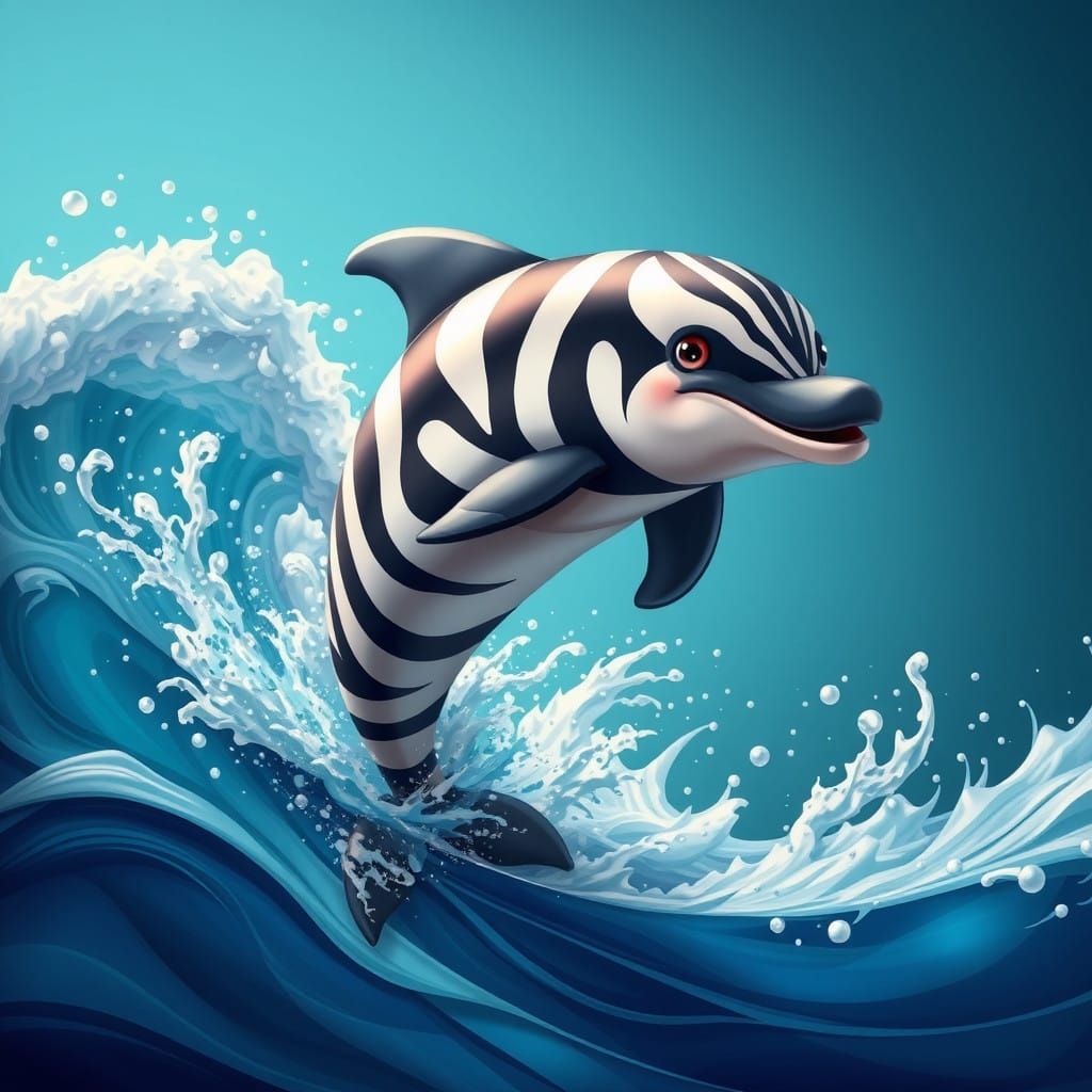 Vibrant Dolphin Leaps from Water in Whimsical Cartoon Style