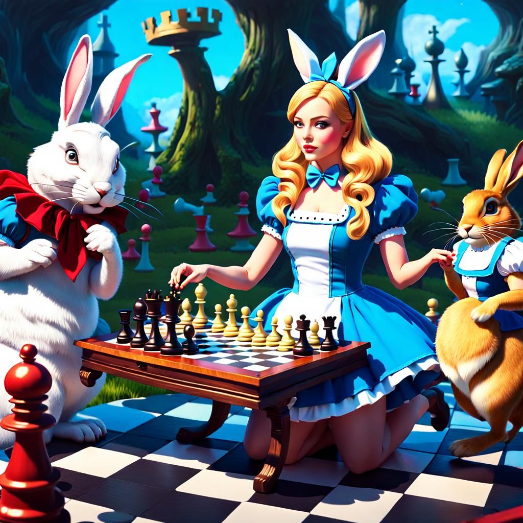 Alice Playing Chess With Rabbit In Wonderland