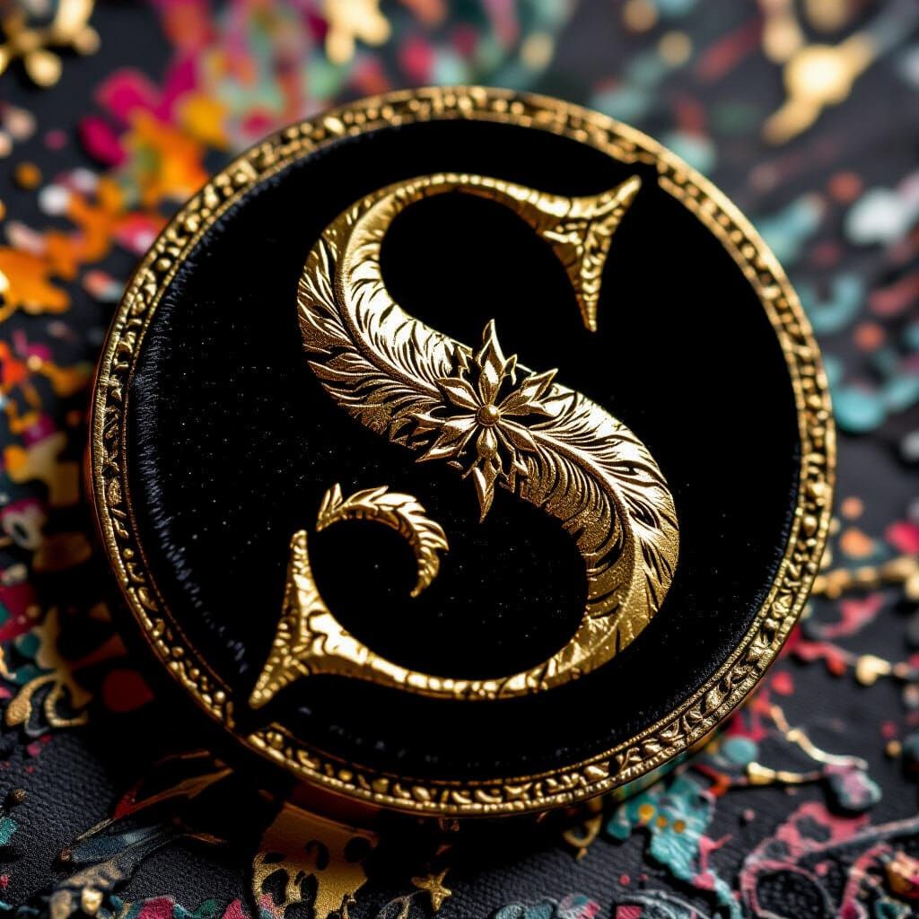Golden Gothic Letter S on Black Velvet