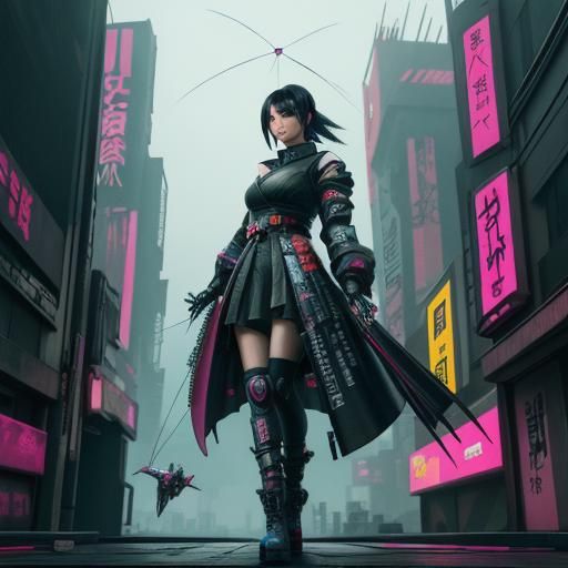 Cyberpunk Japanese Girl Flying Kite in Neon City