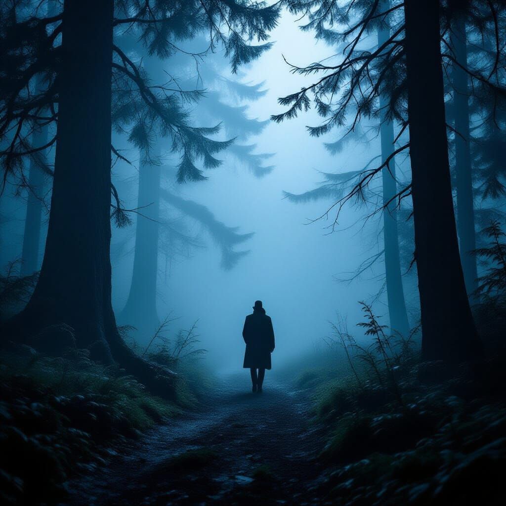 Lone Figure in Foggy Forest, Film Noir Style