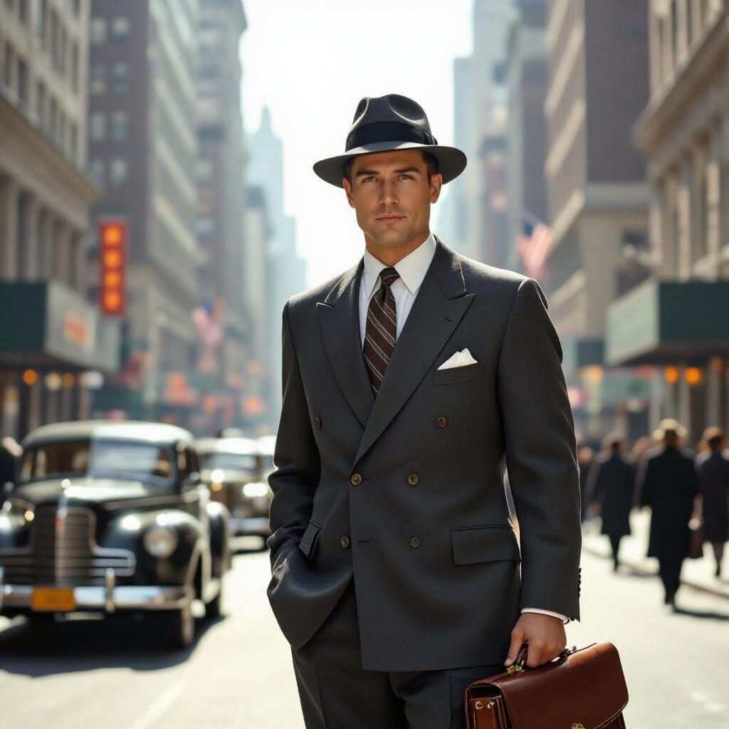 1950s Businessman in Cityscape, Nostalgic Realism