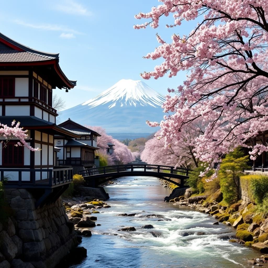 Classic Japanese Scene: Mount Fuji, Cherry Blossoms, and Riv...