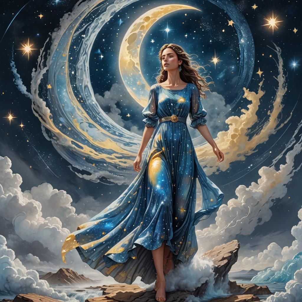 Astral Lady on the Moon: Cosmic Illustration