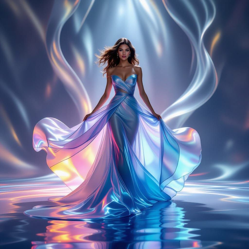 Woman in Liquid Glass Dress with Rainbow Tones