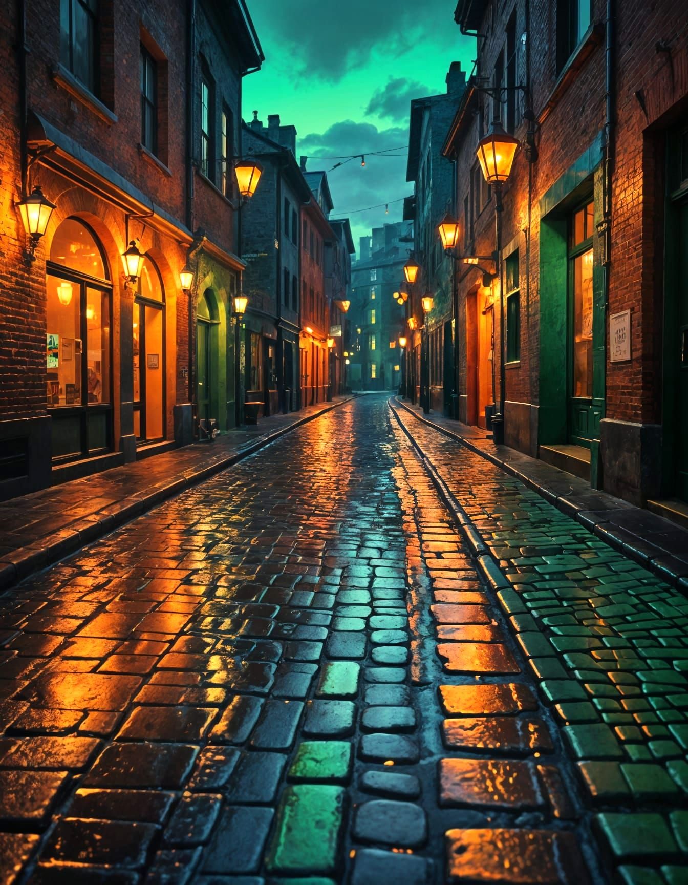 Neon Murals Light Cobblestone Boulevard at Dusk