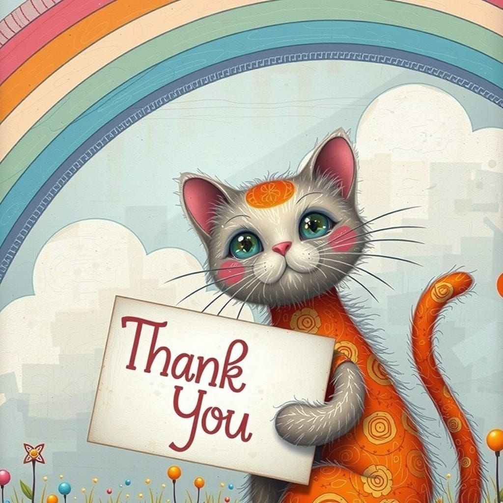 Cute cat holding a sign that says THANK YOU with a rainbow in the background