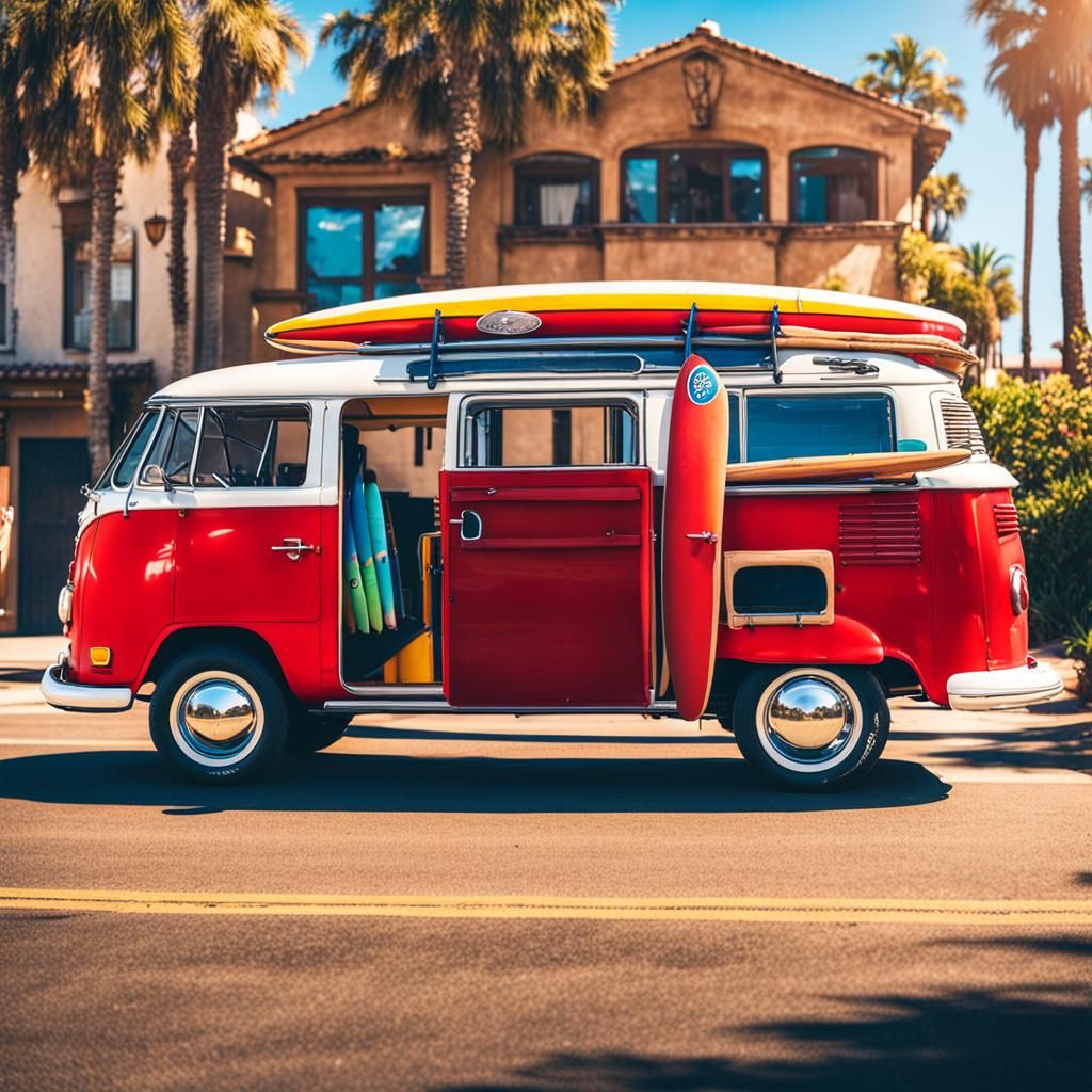 Red VW Bus with Surfboards on California Beach