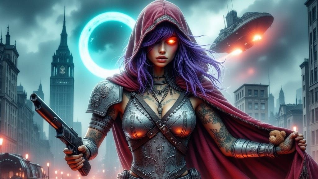 Steampunk Heroine with Laser Gun in Stormy Cityscape