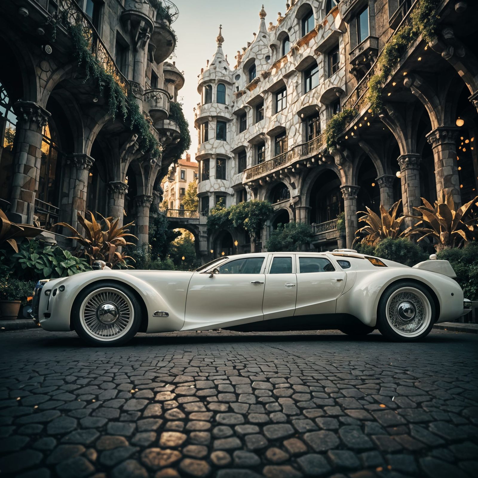Steampunk Limousine in Retro-Futuristic Cityscape