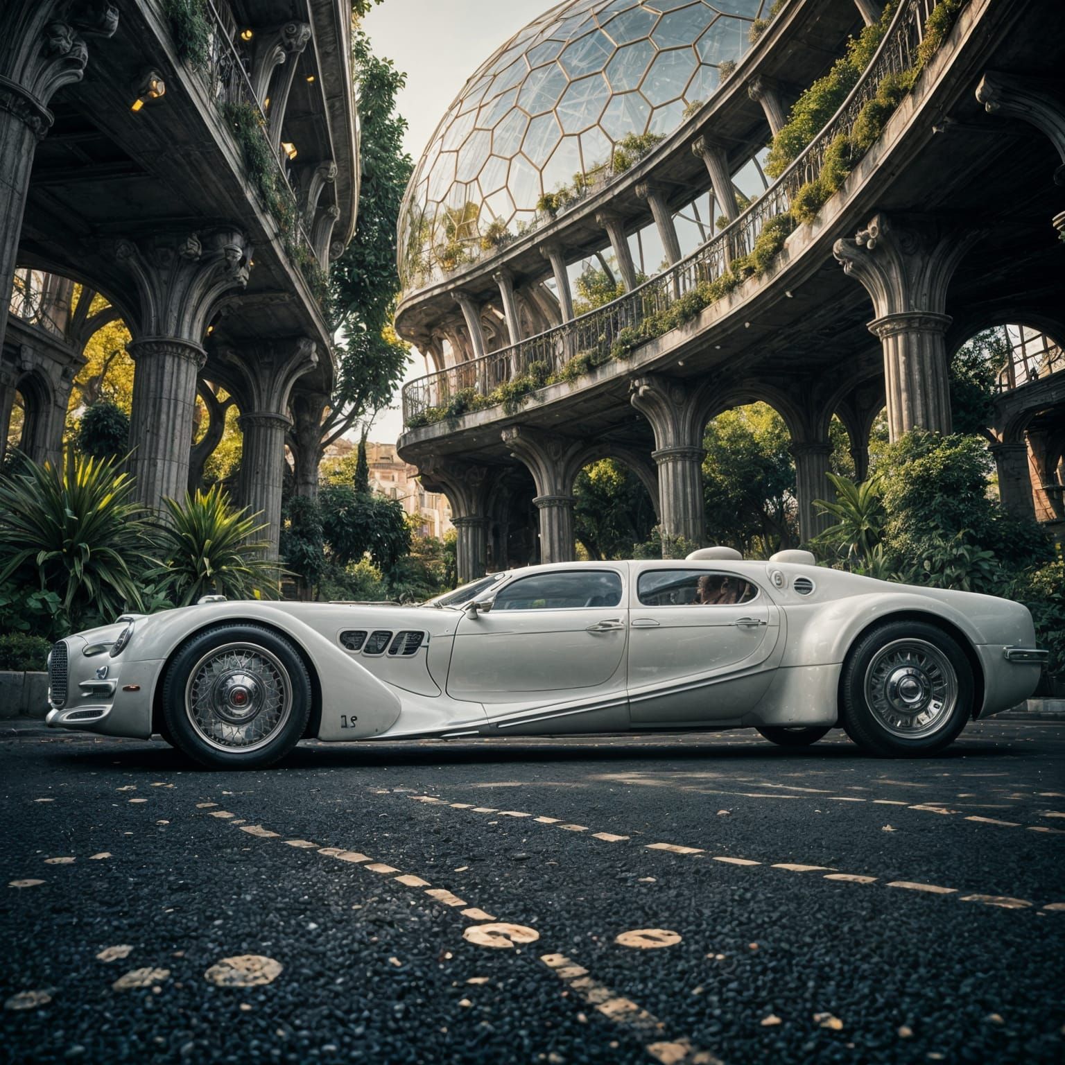Futuristic Steampunk Limousine in a Gaudi Garden