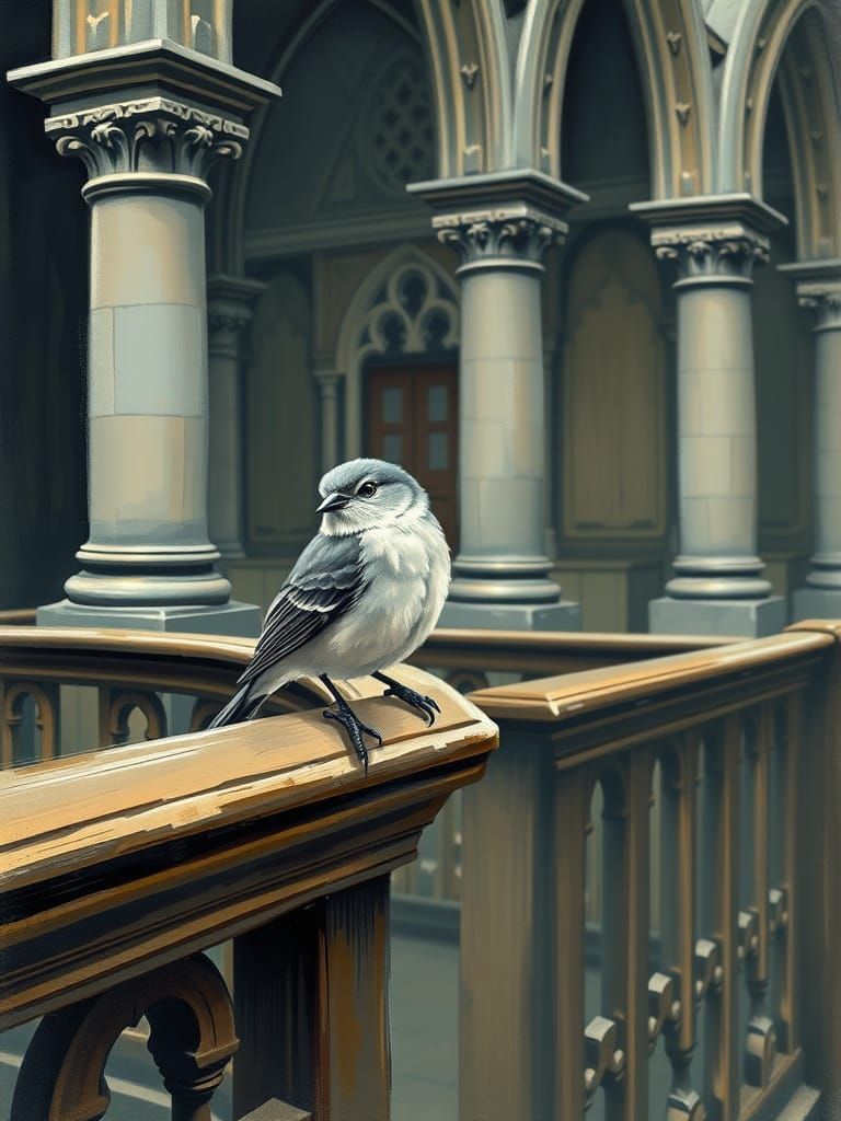 Whimsical Nightingale Amidst Gothic Splendor