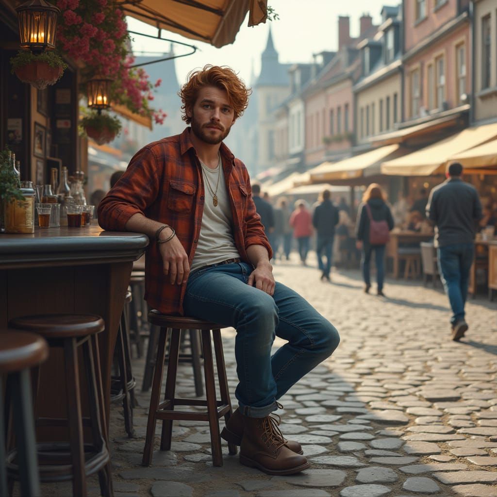 Man in Flannel at Market Square: Hyper-Realistic Digital Art