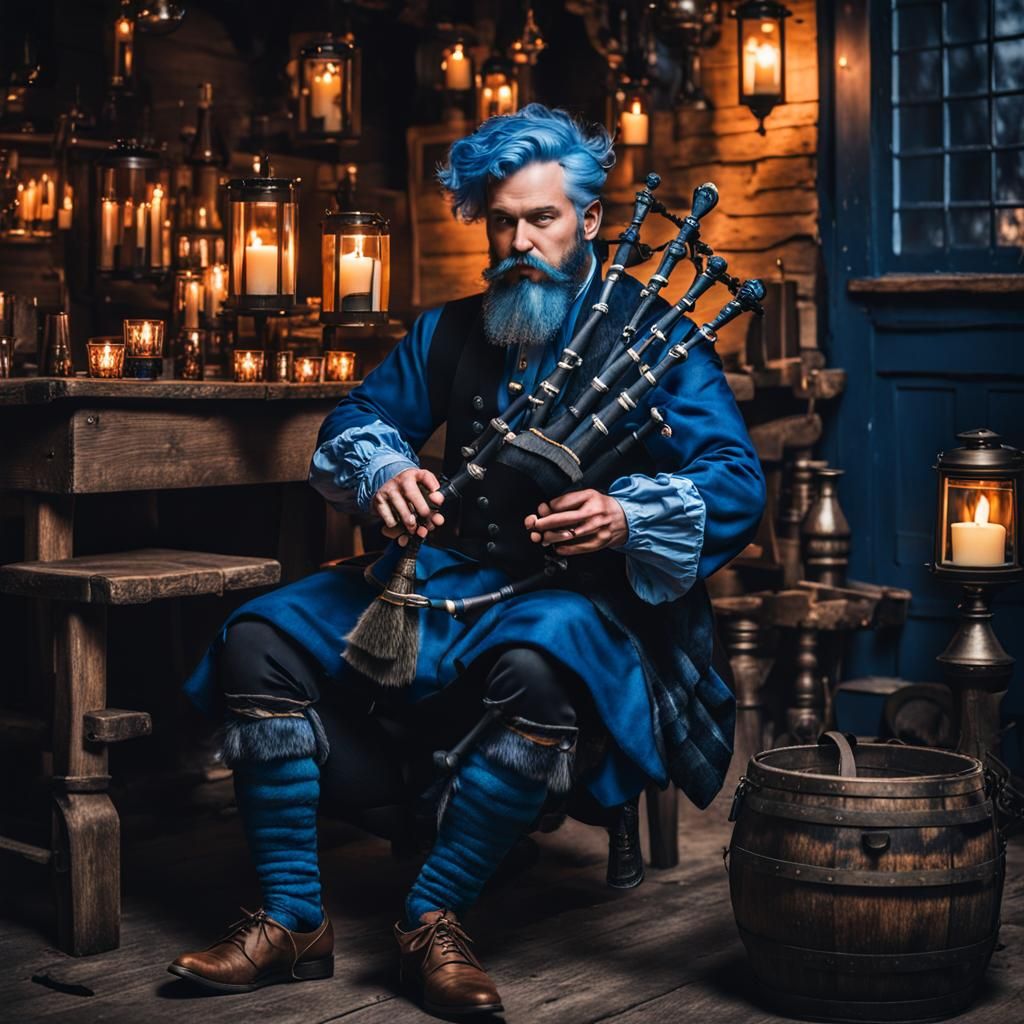 Blue Bard Plays Bagpipes in Tavern Setting