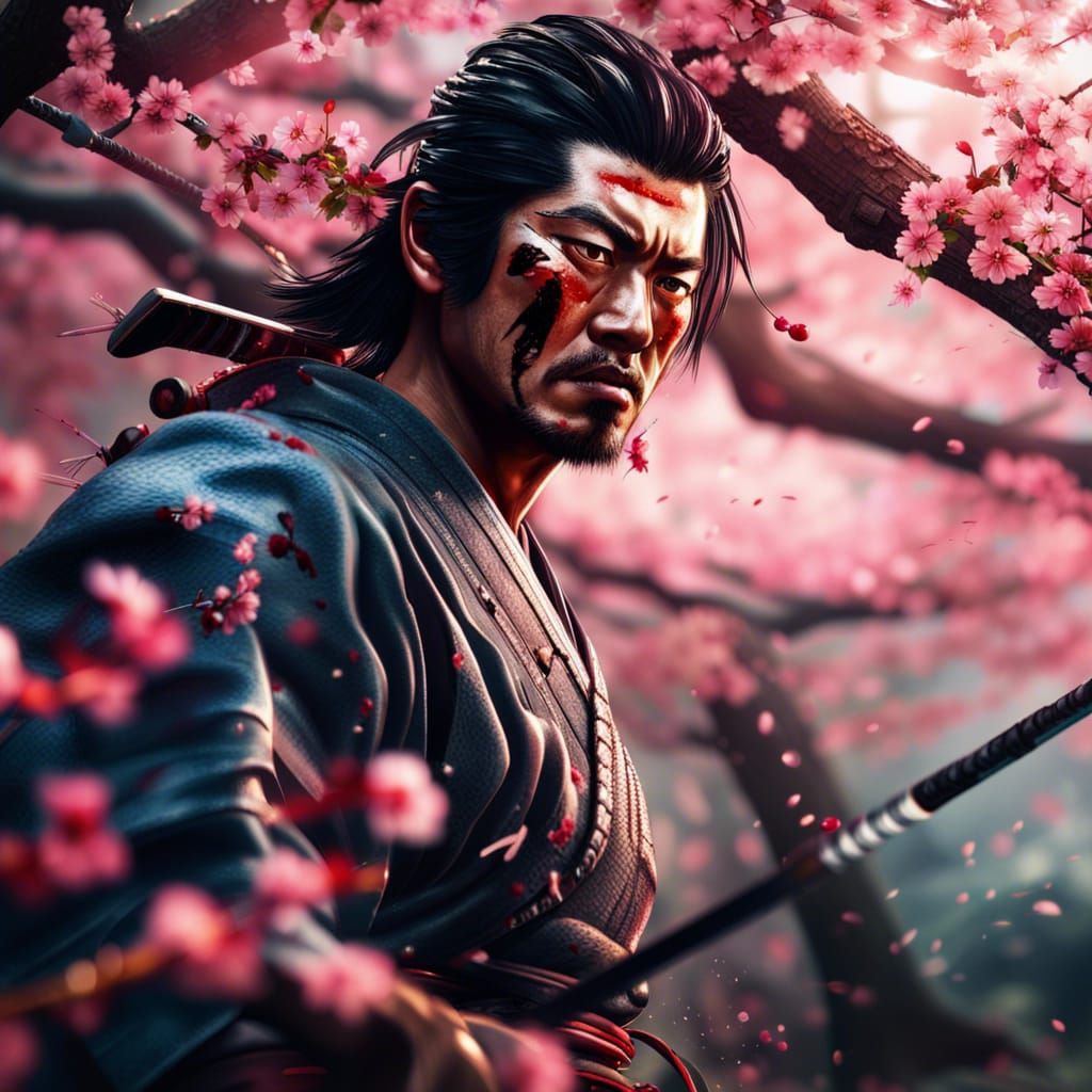 Hyperrealistic Samurai Fight in Cherry Blossom Field
