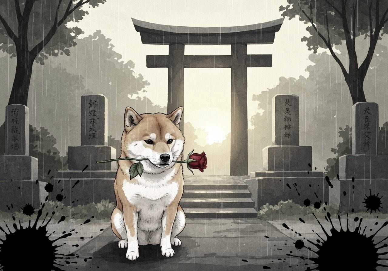 Watercolor Shiba Inu at Grave in Rain