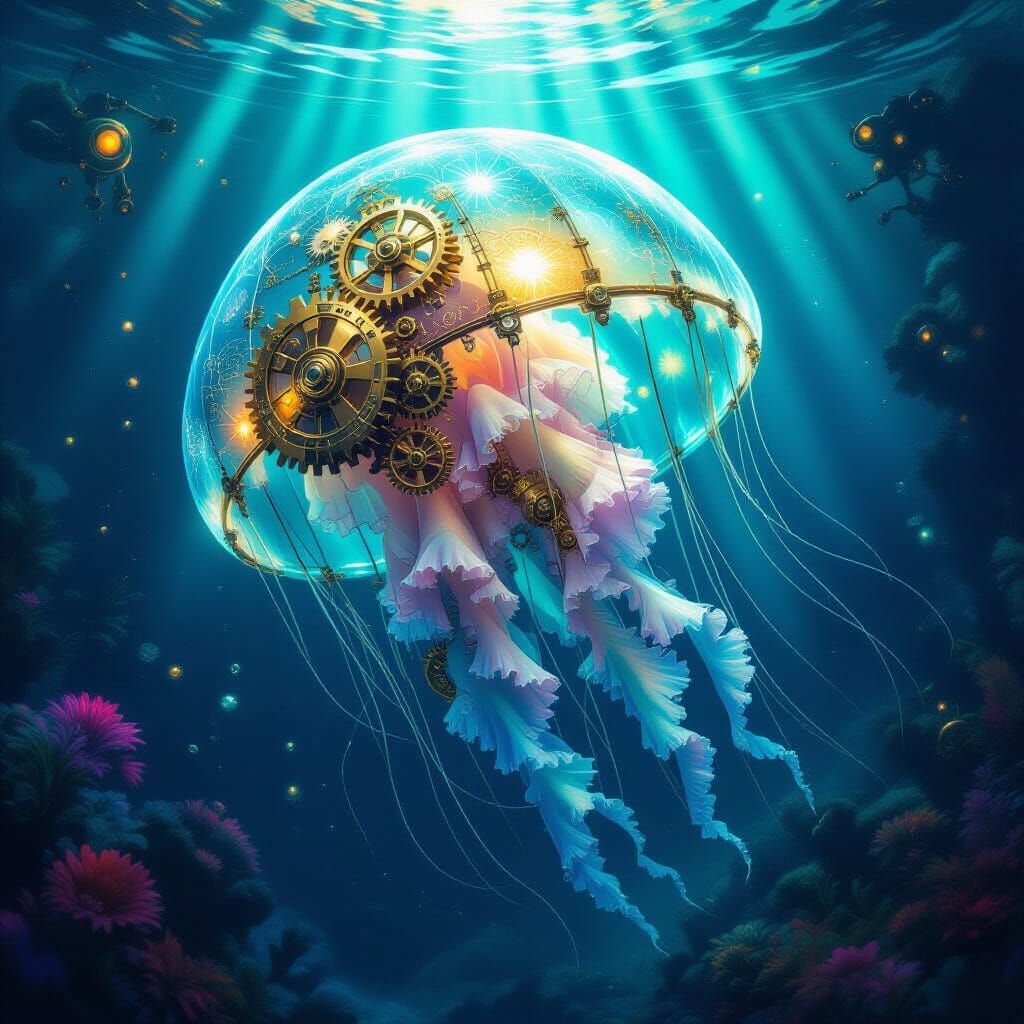 Steampunk Jellyfish in Bioluminescent Deep-Sea Trench