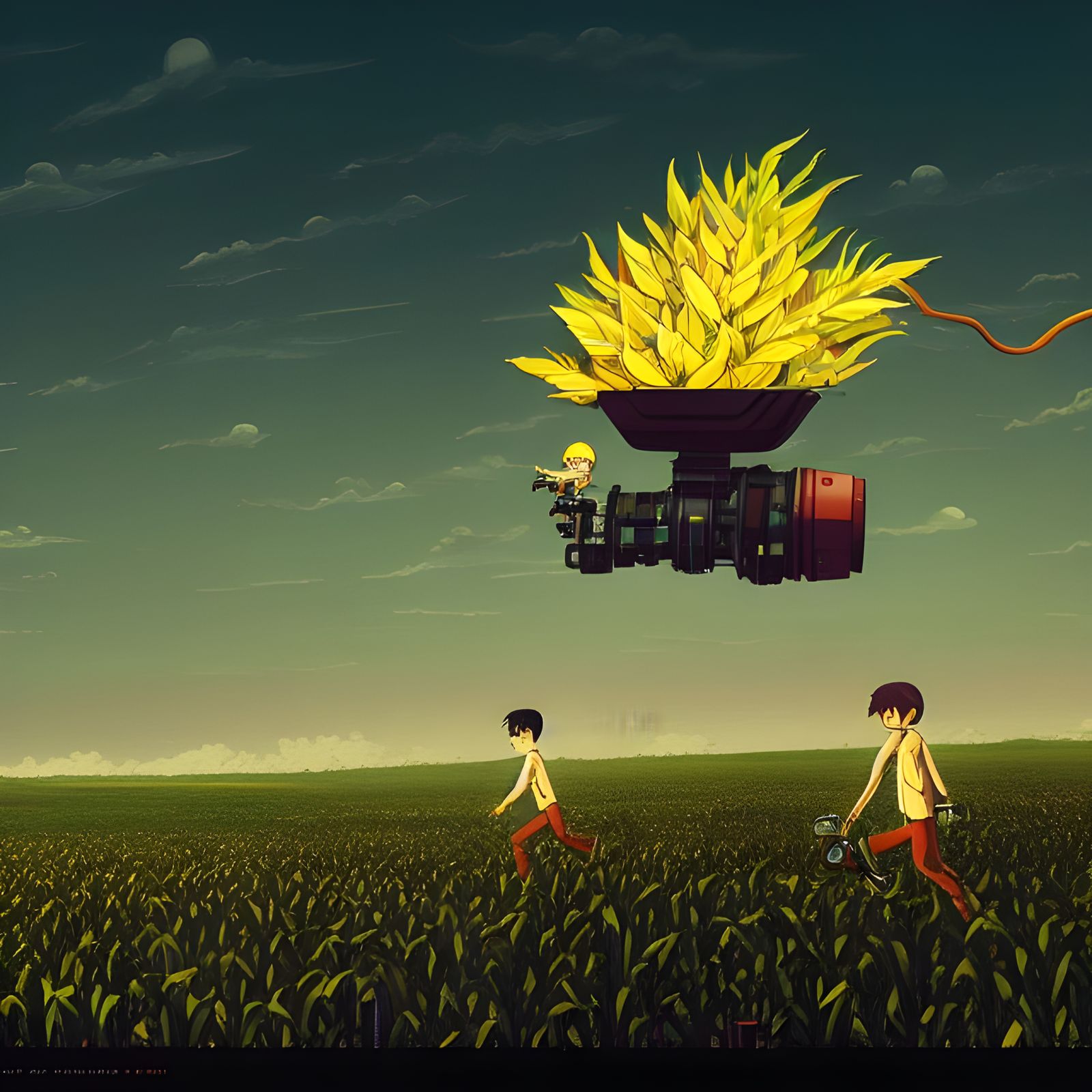 Evil Corncobs Chase Robot in Cyberpunk Landscape