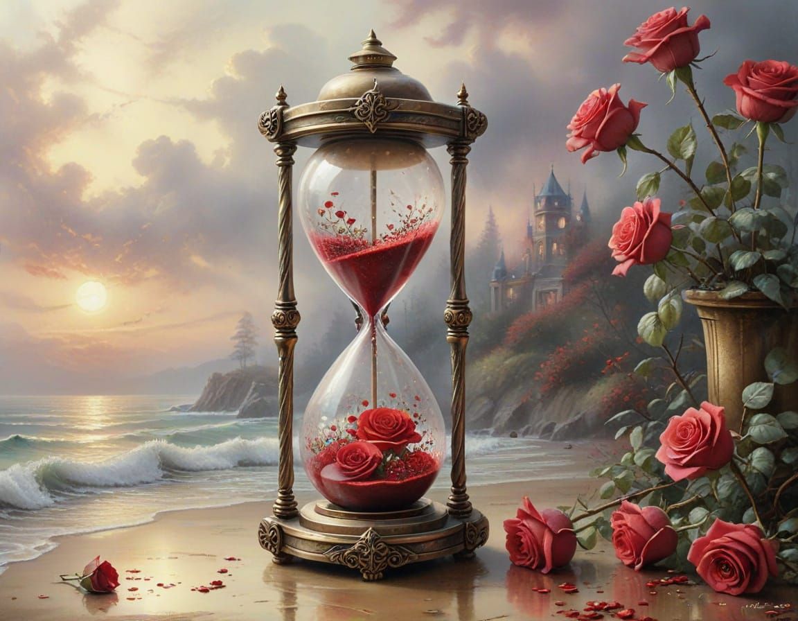 Antique Hourglass with Red Roses in Soft Watercolour