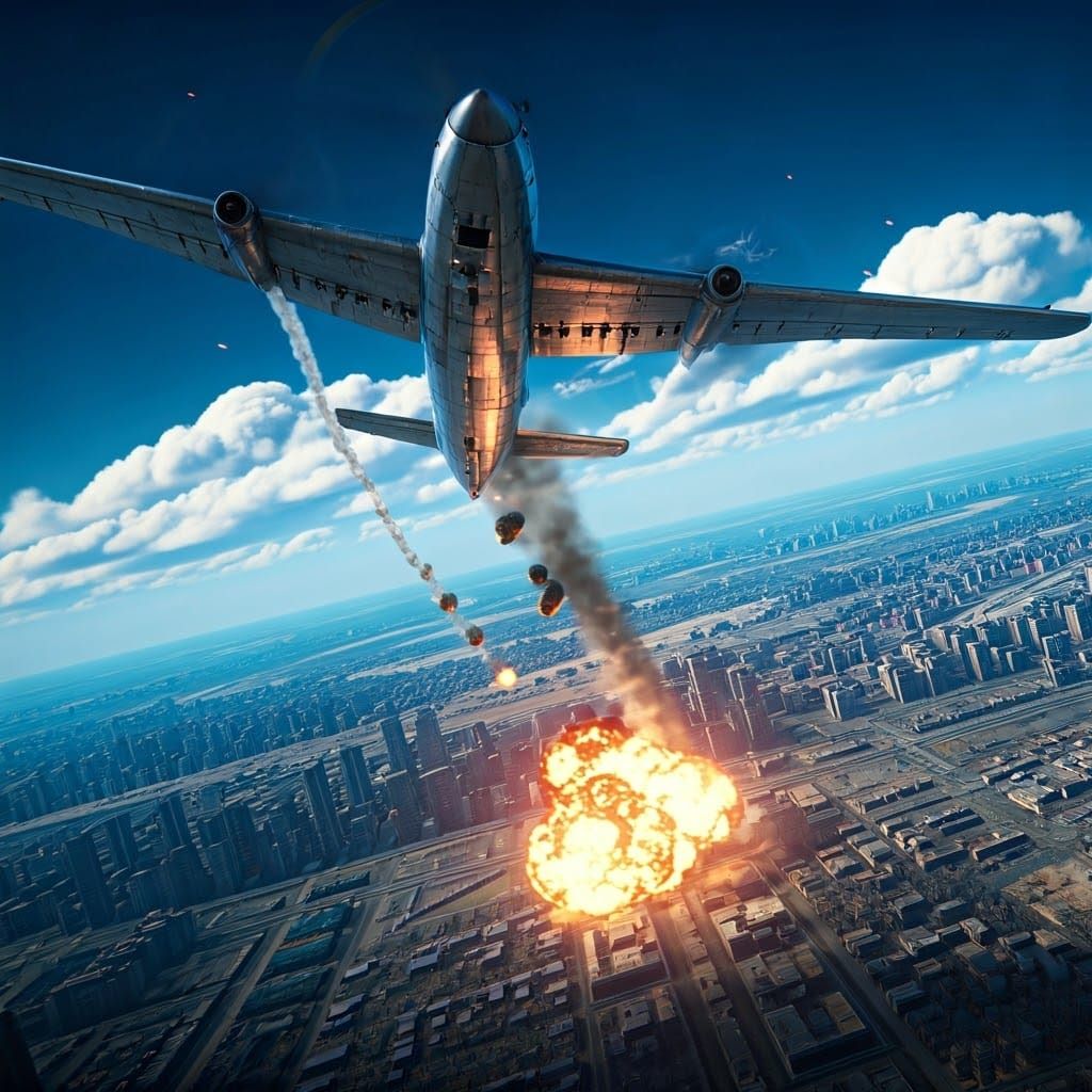 Futuristic Airplane Bombing Metropolis in Matte Painting Sty...