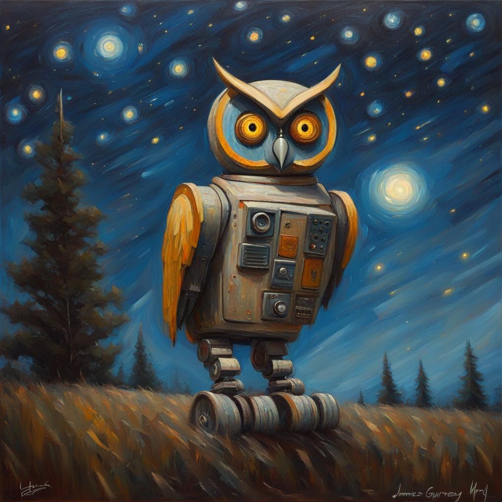 Robot Owl in Starry Night Oil Painting Style