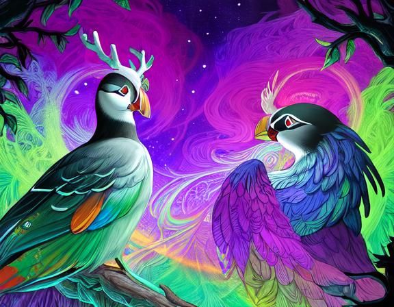 Enchanting Puffin with Antlers in Magical Realism Style