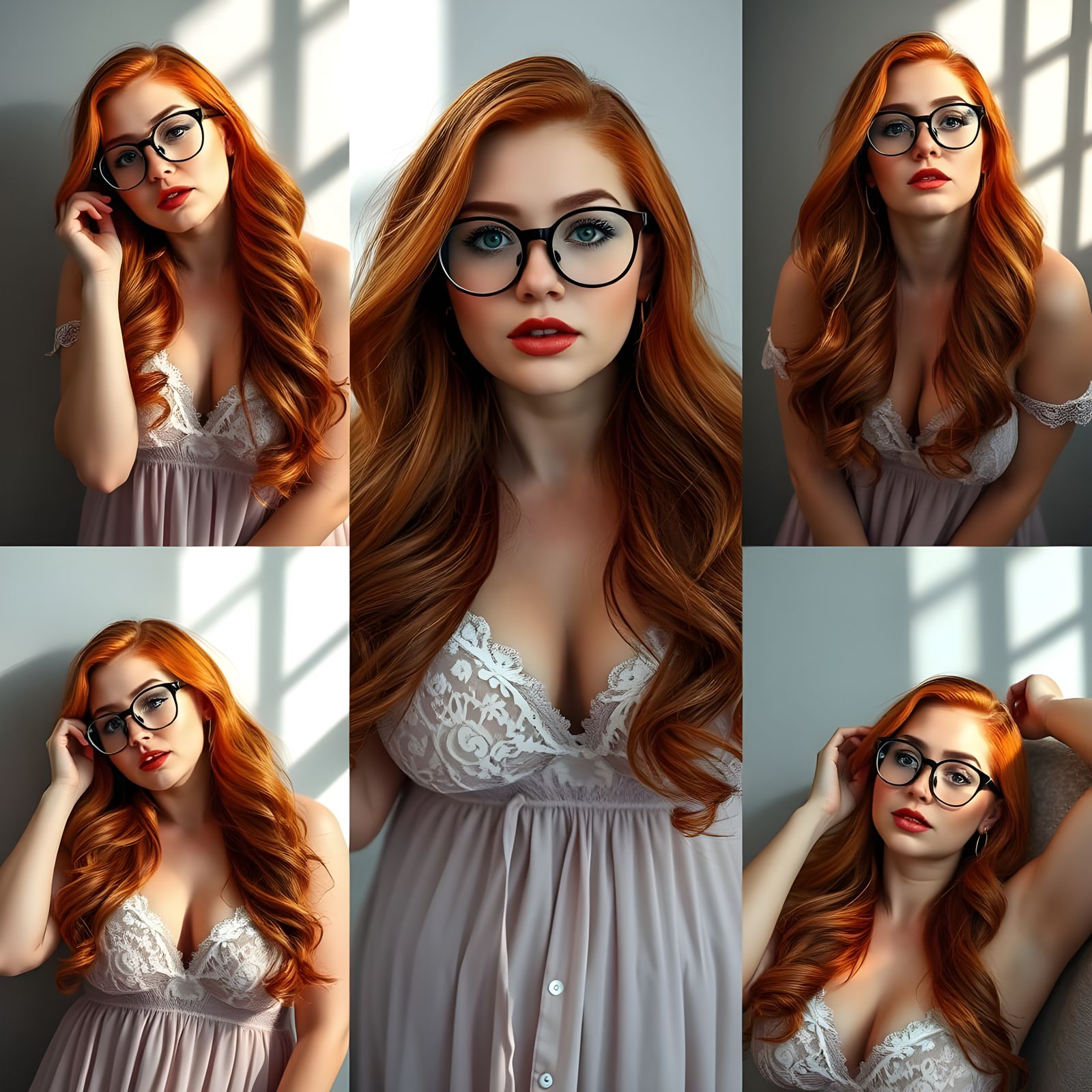 Curvy Ginger Woman Posing in Lace Nightgown