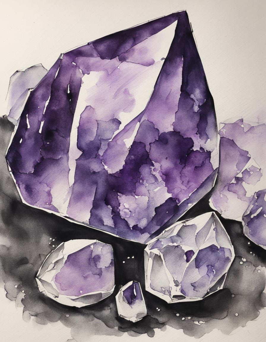 Ink Wash Amethyst Crystal Portrait