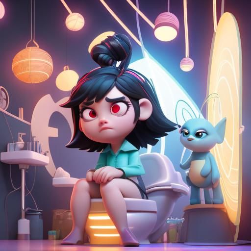Girl on Toilet in Pixar-Style 3D Digital Art