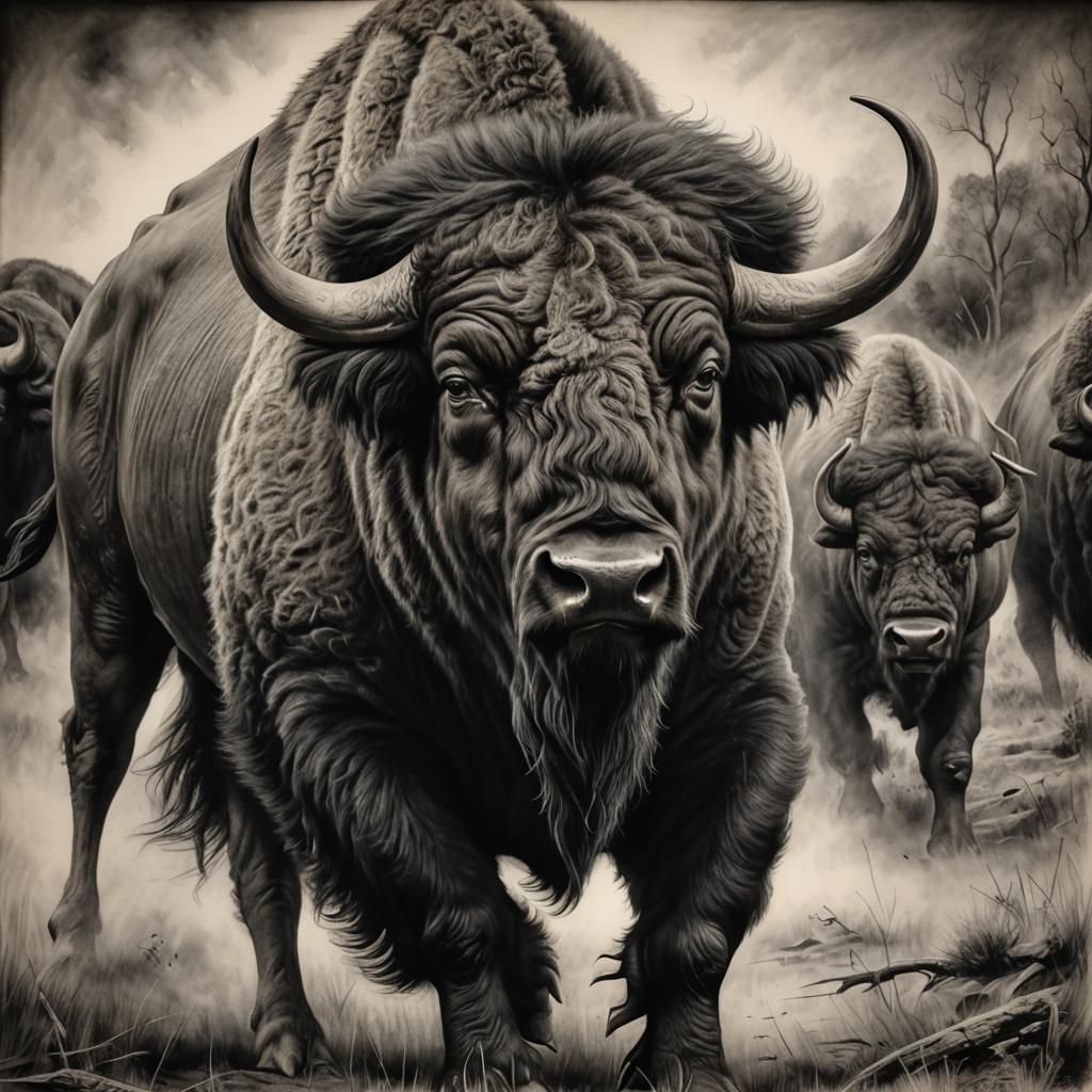 Powerful Buffalo in Detailed Charcoal Drawing